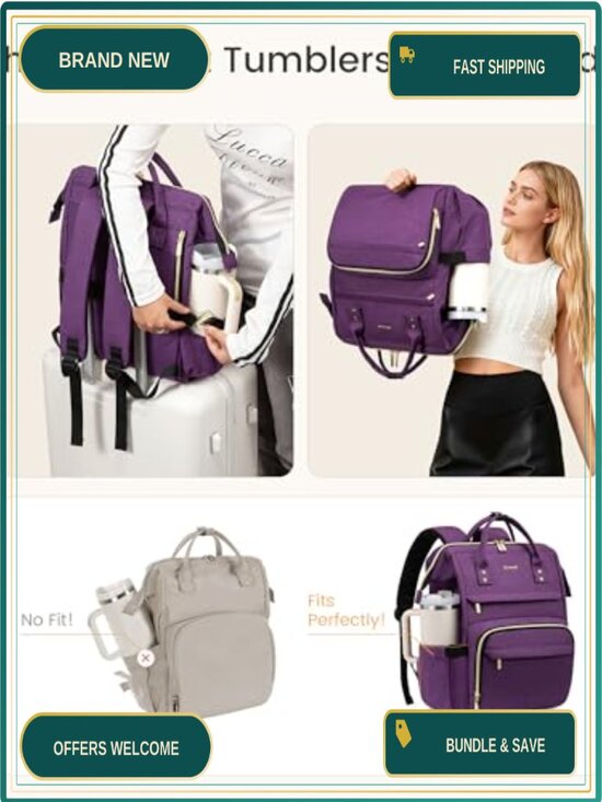 Waterproof Laptop Backpack for Women with Tumbler Holder, 15.6 Inch, Personal main image 5